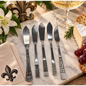 Vintage MCM Fleur de Lis Stainless Cheese Spreaders Cocktail Knives Set of 5